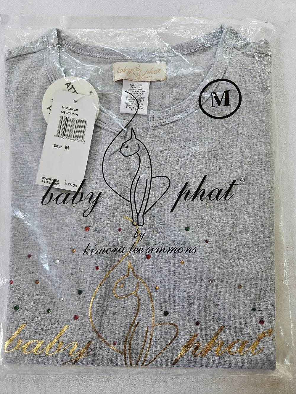 VTG Baby Phat Graphic T-Shirt NWT Deadstock Y2K Sealed Medium Rhinestone Cat